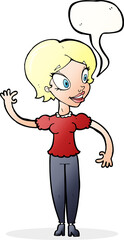 cartoon woman waving with speech bubble