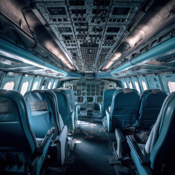 Le couloir d'un avion avec ses sieges. Sur une lumi&egrave;re bleue