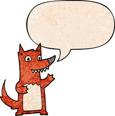 cartoon wolf and speech bubble in retro texture style
