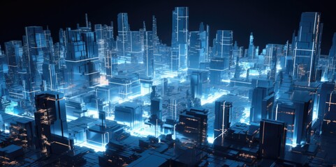 Fototapeta na wymiar Futuristic City at Night with Volumetric Lighting, generative ai