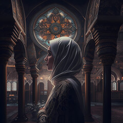 Moslem Female prayer at Mosque. Generative AI