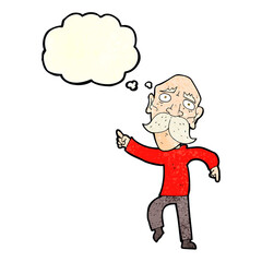 cartoon sad old man pointing with thought bubble
