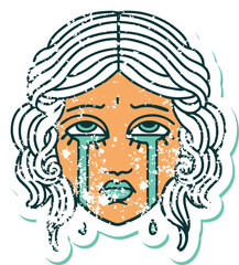 distressed sticker tattoo style icon of female face crying