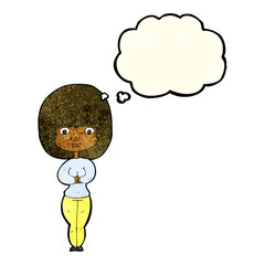 cartoon shy woman with thought bubble