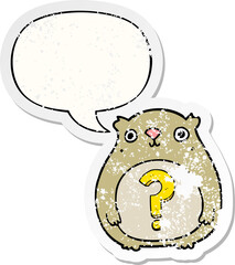 cartoon curious bear and speech bubble distressed sticker