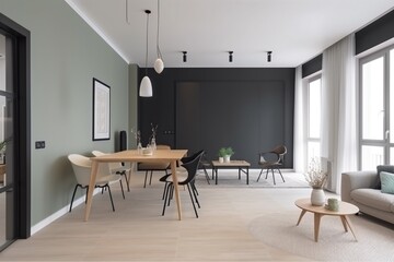 interior background design comfortable style architecture lifestyle decor light furniture empty living room green. Generative AI.