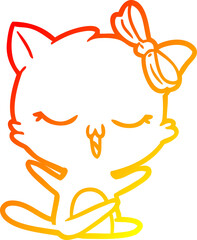warm gradient line drawing cartoon cat with bow on head