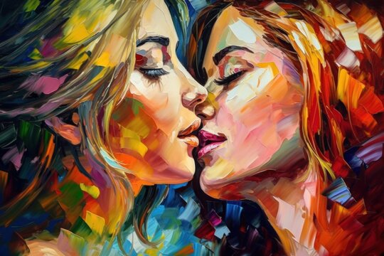 Sensual lesbian women kissing lips, colorful portrait in vivid impressionist style, generative AI