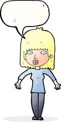 cartoon woman shrugging with speech bubble