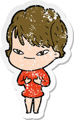 distressed sticker of a cartoon happy woman