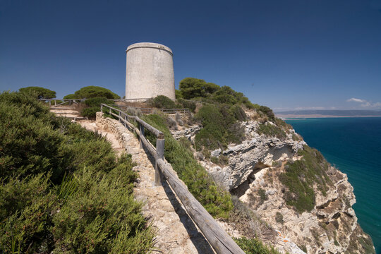 Andalusia,  C&aacute;diz,  Barbate, cliffs and old tower of nature park of La Bre&ntilde;a, landscape,  Tourism, travel,  hiking 