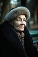 Russian senior woman sitting on public park bench. Generative AI vertical shot