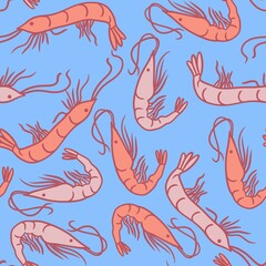 Hand drawn seamless pattern peach orange shrimps prawns on turquoise background. Marine underwater sea food, ocean restaurant cafe menu, aquatic animal creature, nautical print design.