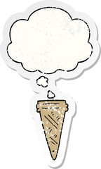 cartoon ice cream cone and thought bubble as a distressed worn sticker