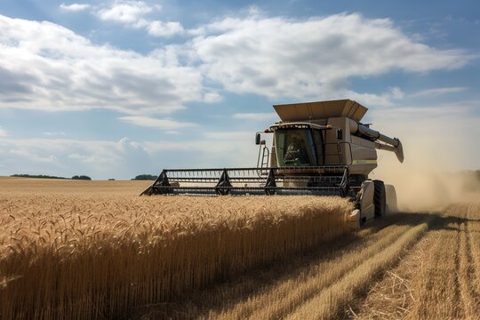 Wheat field with a harvester machine working on the field. Generative AI