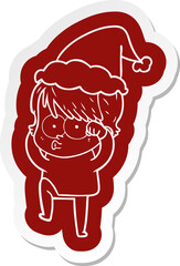 cartoon  sticker of a woman wearing santa hat