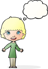 cartoon happy woman with thought bubble