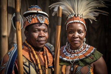 Zulu native couple with their traditional costumes and looking at camera. Generative AI - obrazy, fototapety, plakaty