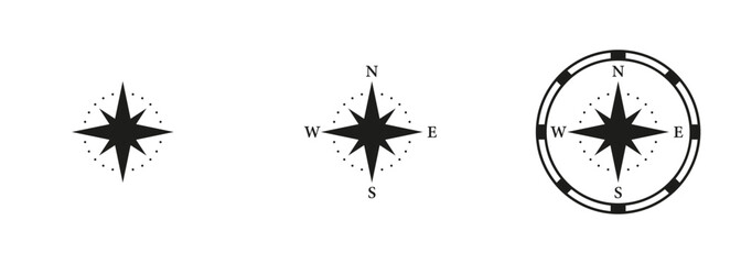 Adventure Equipment, Compass Silhouette Icon Set. GPS for Travel. Rose Wind Symbol. North, South, West, East Navigation Glyph Pictogram. Journey Navigator Solid Sign. Isolated Vector Illustration