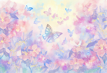 Fototapeta na wymiar Painted spring background in purple-pink flowers, butterflies and hearts. AI Generated