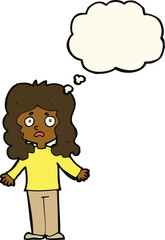cartoon worried woman with thought bubble