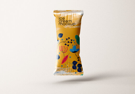 Single Ice Cream Packaging Mockup &ndash; Realistic Floating Snack Wrapper for Frozen Dessert, Yogurt, and Confectionery Branding Display