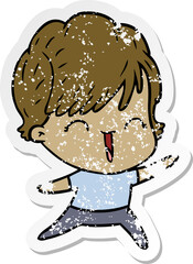 distressed sticker of a cartoon laughing woman