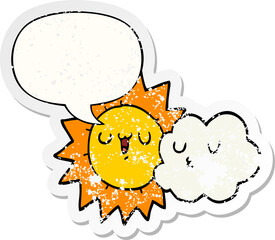 cartoon sun and cloud and speech bubble distressed sticker