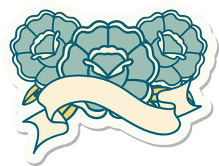 tattoo sticker with banner of a bouquet of flowers