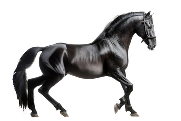 Plakat an equestrian-themed photographic illustration of a black stallion horse rearing and running on a transparent background in PNG. T-shirt design. Generative AI
