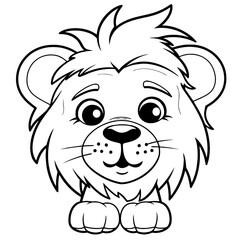 Cute cartoon lion black outline. Vector icon.