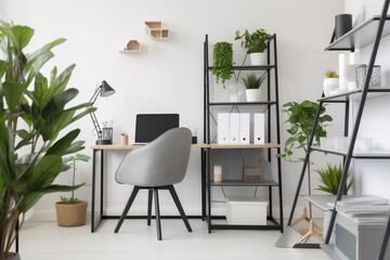 interior background pc lifestyle shelves lamp shelf workplace wooden screen. Generative AI.