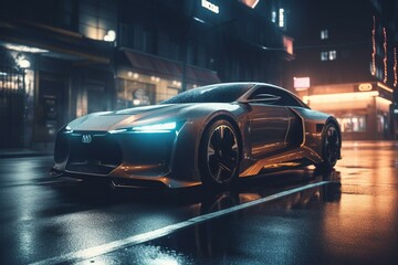 Fototapeta na wymiar Futuristic sport car drives on city street at night, luxury car moves fast, generative AI