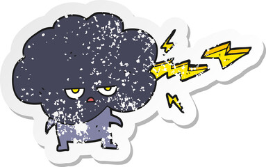 retro distressed sticker of a cartoon raincloud character shooting lightning