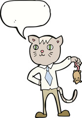 cartoon business cat with dead mouse with speech bubble