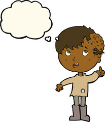cartoon boy with growth on head with thought bubble