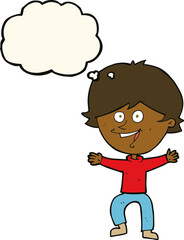 cartoon happy boy laughing with thought bubble