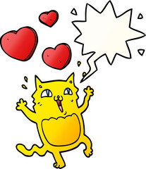cartoon cat crazy in love and speech bubble in smooth gradient style