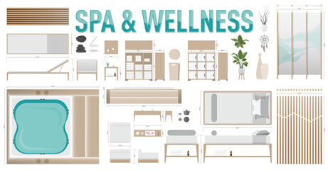 Plan and Elevation Views of Spa Furniture and Decor Elements for Interior Architectural Design Project Drawings