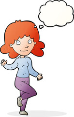 cartoon friendly woman waving with thought bubble