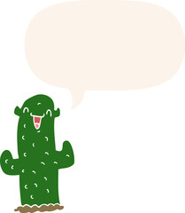 cartoon cactus and speech bubble in retro style