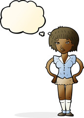 cartoon woman with hands on hips with thought bubble