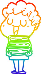 rainbow gradient line drawing laughing cartoon man with books