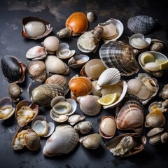 Des coquillages et des fruits de mer avec du citron