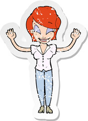 retro distressed sticker of a cartoon pretty woman with hands in air
