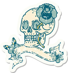 grunge sticker with banner of a skull and rose
