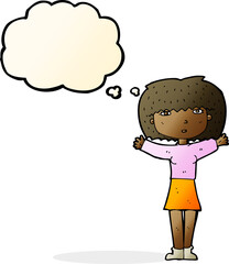cartoon woman raising arms in air with thought bubble