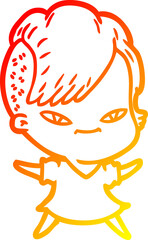 warm gradient line drawing cute cartoon girl with hipster haircut