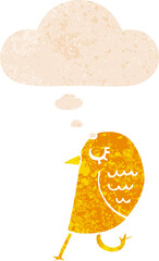 cartoon bird and thought bubble in retro textured style