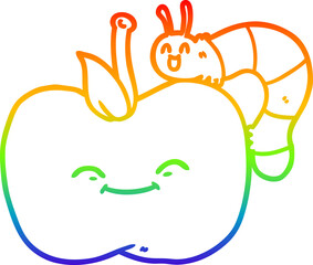 rainbow gradient line drawing cartoon apple and bug